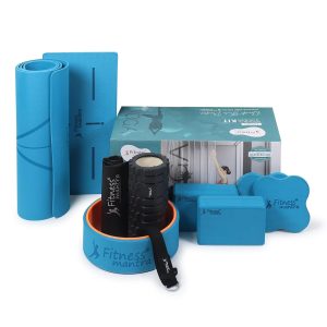 fitness mantra® 7 props yoga kit| 1n tpe yoga mat, 1n yoga wheel, 1n massage roller, 1n knee pad, 1n yoga belt| 2n yoga bricks, 2n elbow pad|